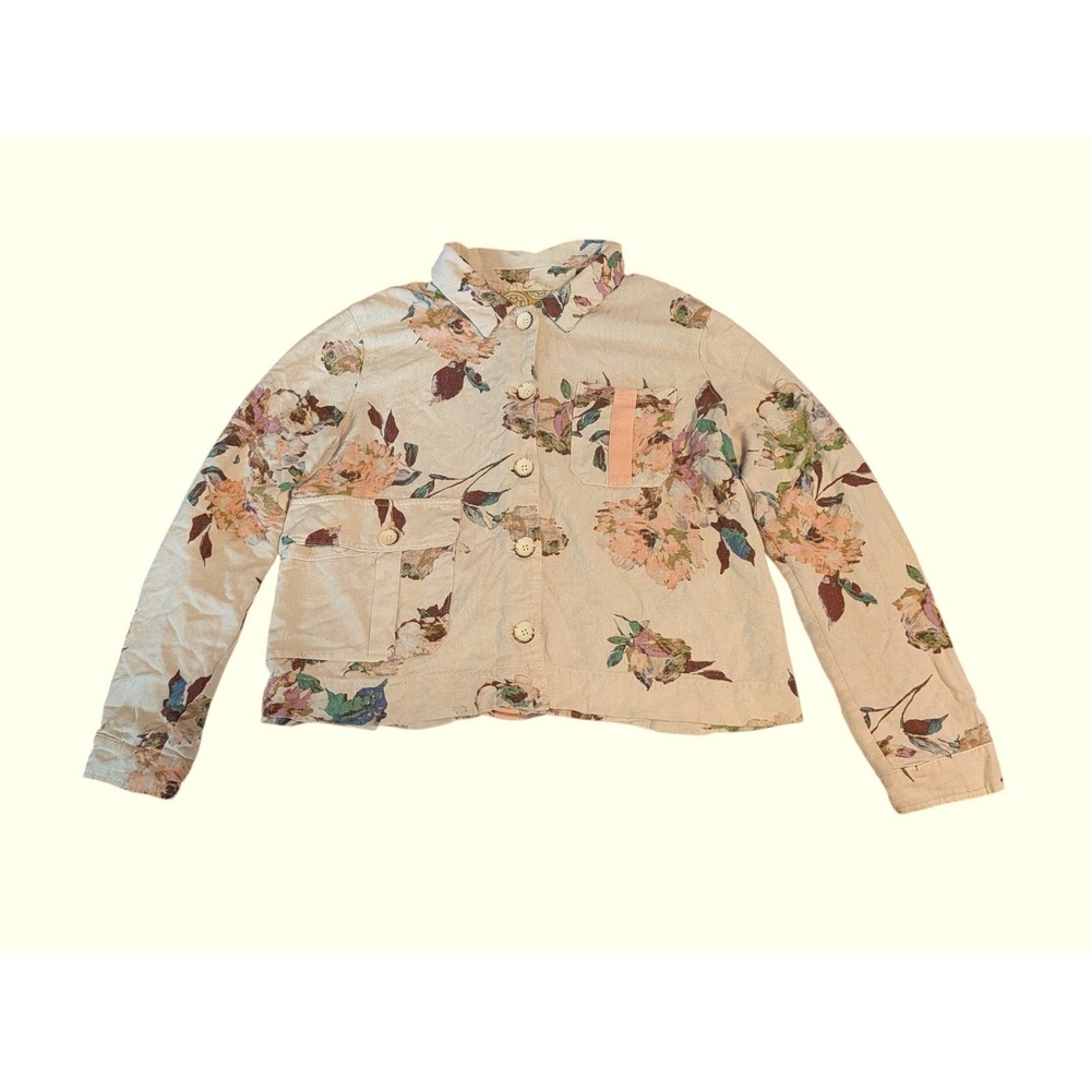 Linen Blend Jacket Button Top Boho Utility Crop Boxy Cottage Prairie Floral